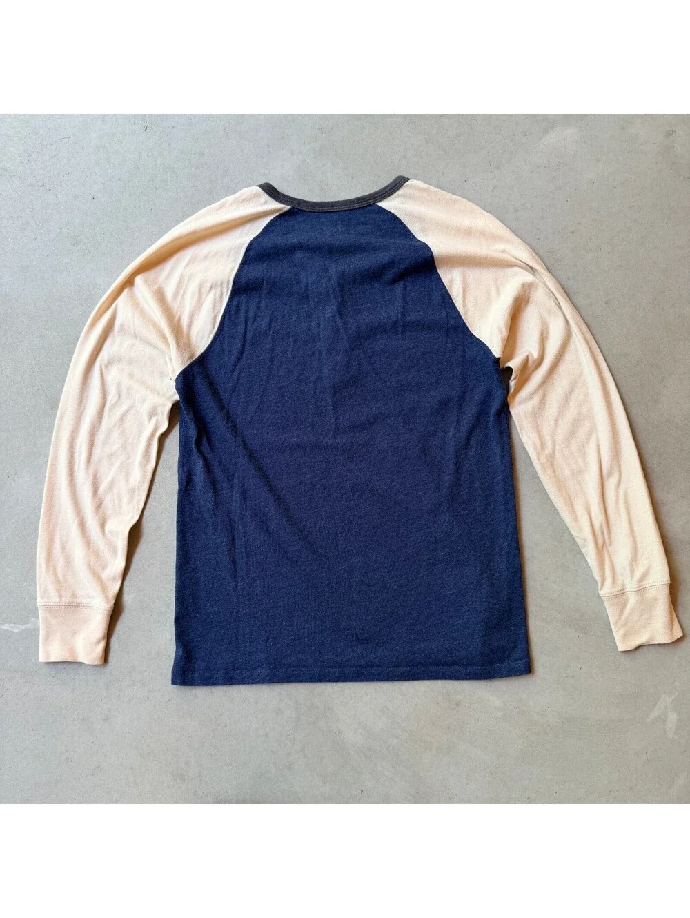 J.Crew Henley Baseball Shirt Small Two Tone Blue and Beige Long Sleeve Raglan